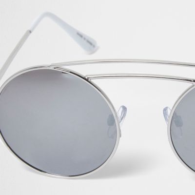 Silver tone double brow bar round sunglasses